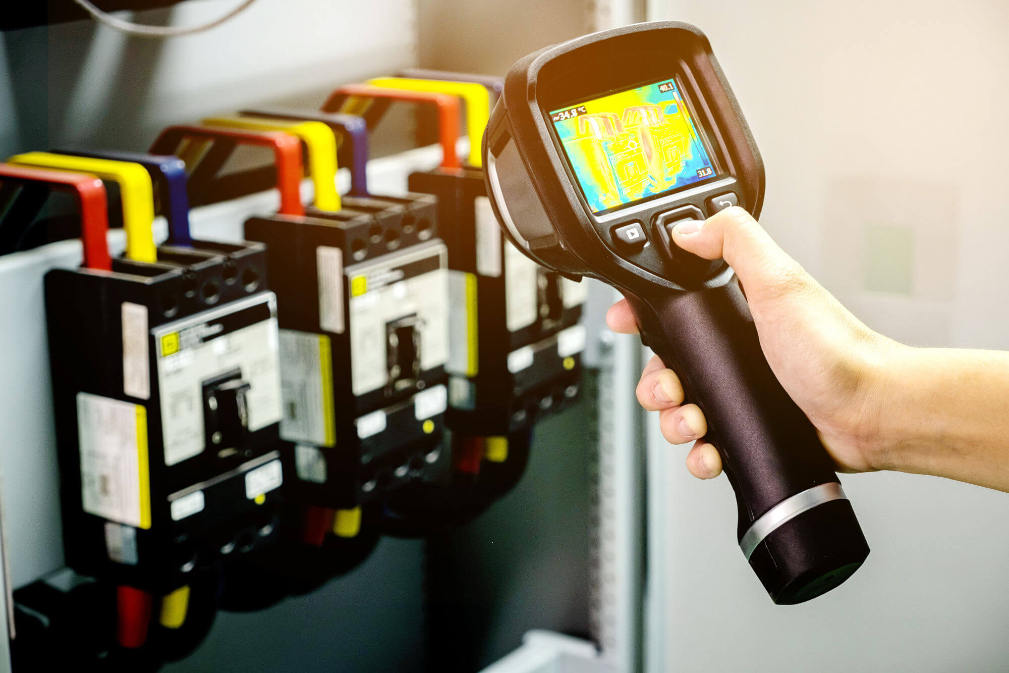 Technician checking temperature with thermal imaging camera